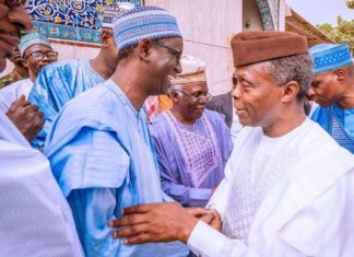 Photo News : Osinbajo rejoices with Ribadu at son’s wedding