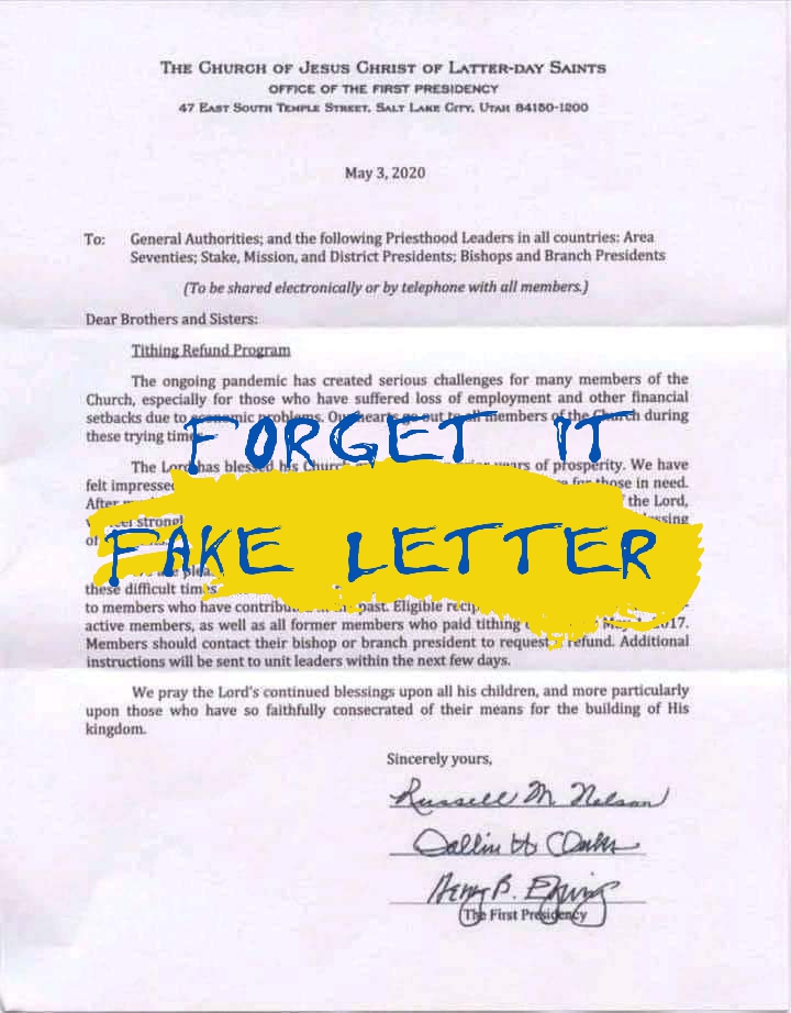 Letter on tithe refund by Mormon church is fake