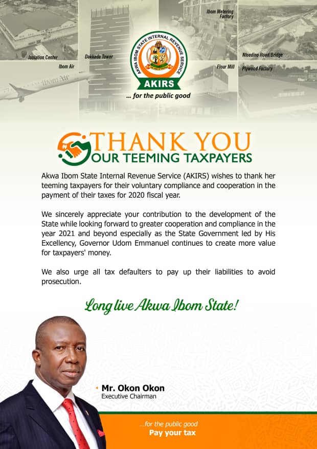 Akwa Ibom State Internal Revenue Service thanks taxpayers for compliance in 2020