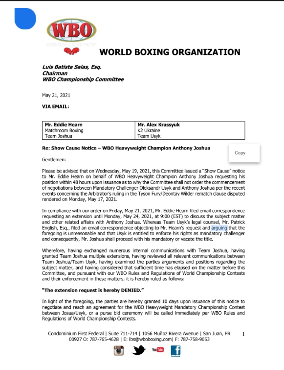 WBO gives Anthony Joshua 10 ultimatum over Usyk 
