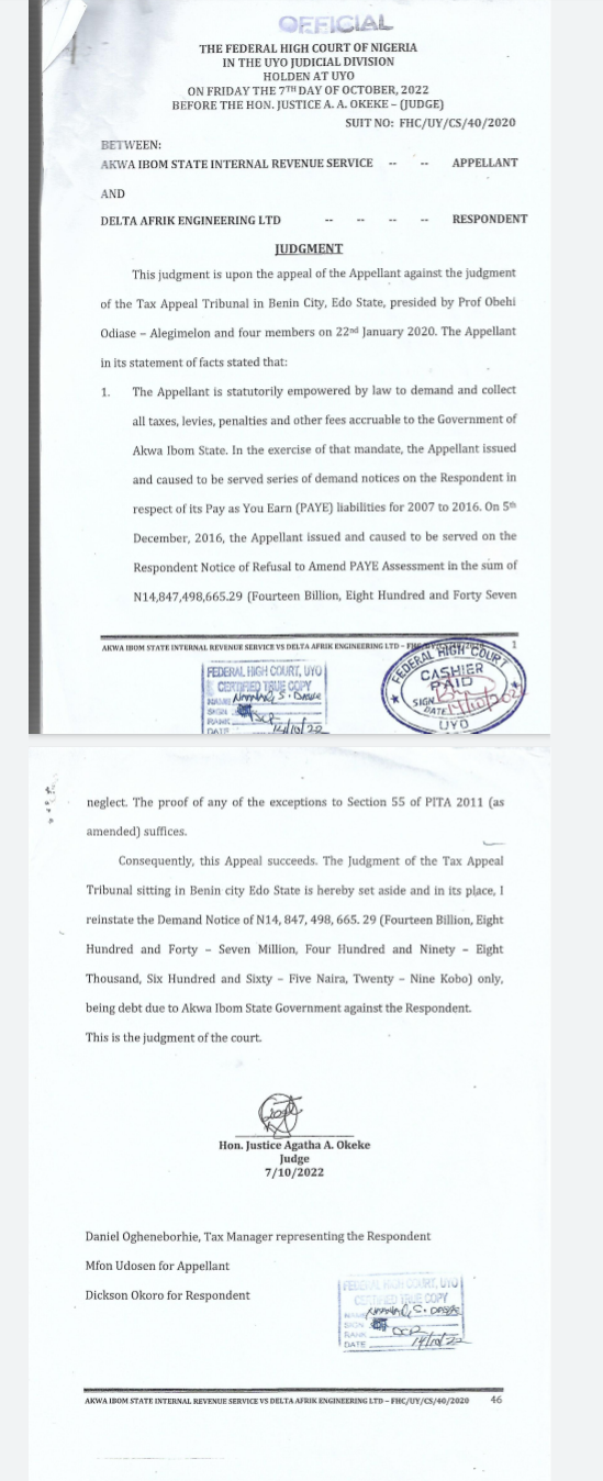 BREAKING NEWS: Court orders Delta Afrik Engineering Limited to pay N14.8b to Akwa Ibom State Internal Revenue Service